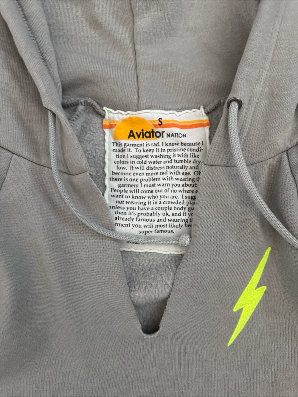 Aviator Nation Cropped Gray Neon Yellow Hoodie Top Sweatshirt Neon Stripe Sleeve - Picture 4 of 5